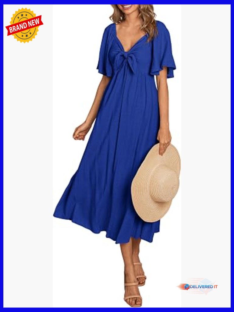 Casual V-Neck Bow Tie Midi Dress With Ruffle Hem Flowy A-Line